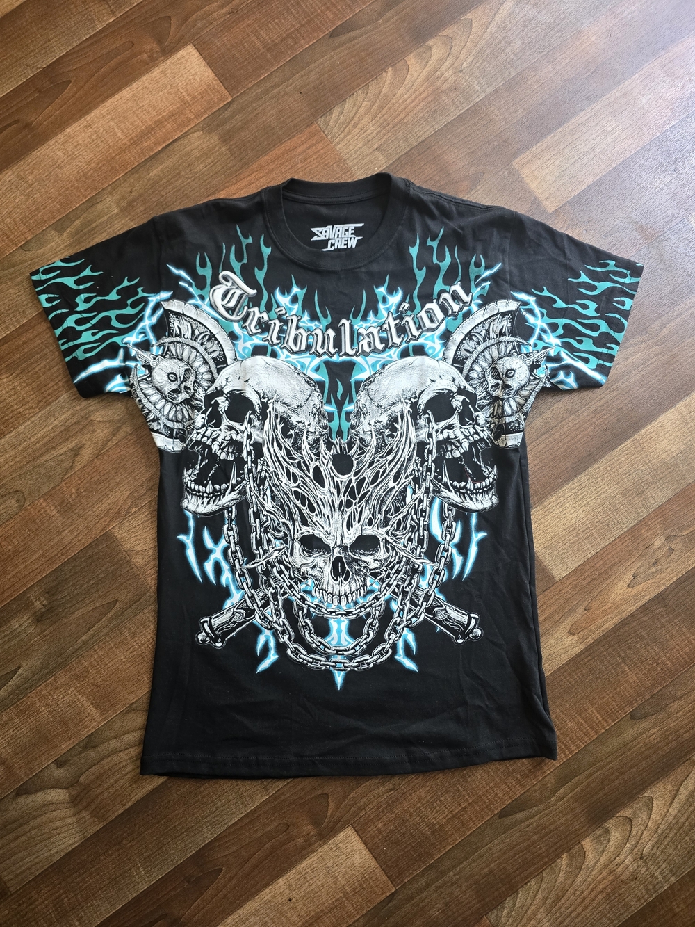 Salvage Black & Teal Graphic Skull Tee - 'Tribulation' Crew